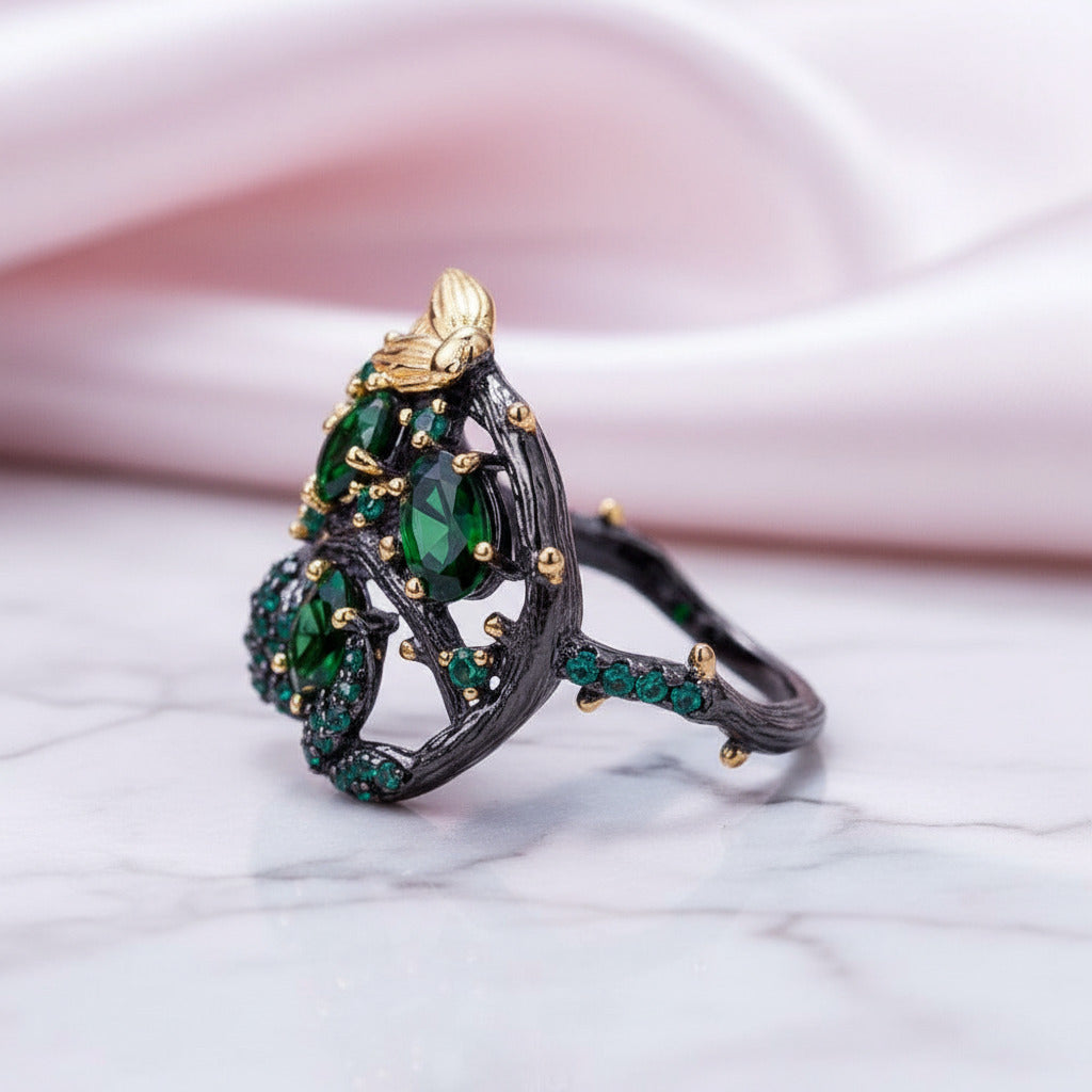 Handmade Chrome Diopside Gemstone Gold Bee on Branch Rings-Black Diamonds New York