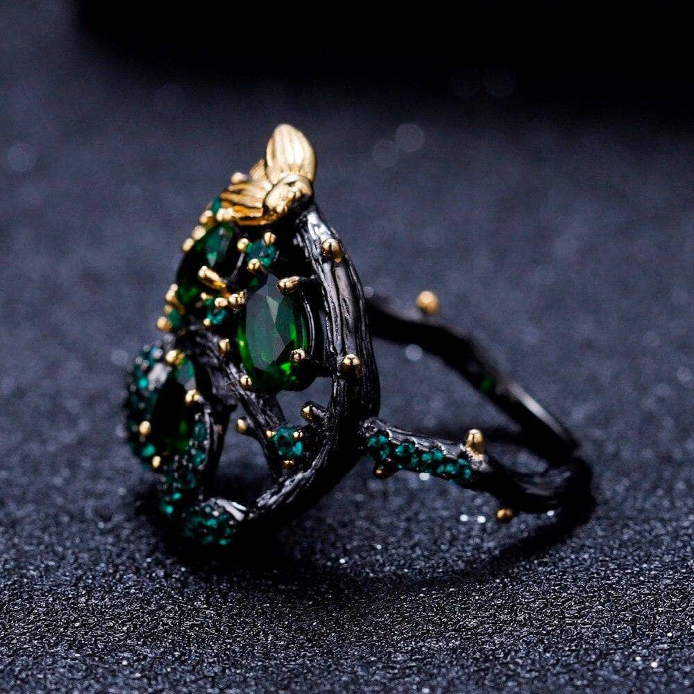 Handmade Chrome Diopside Gemstone Gold Bee on Branch Rings