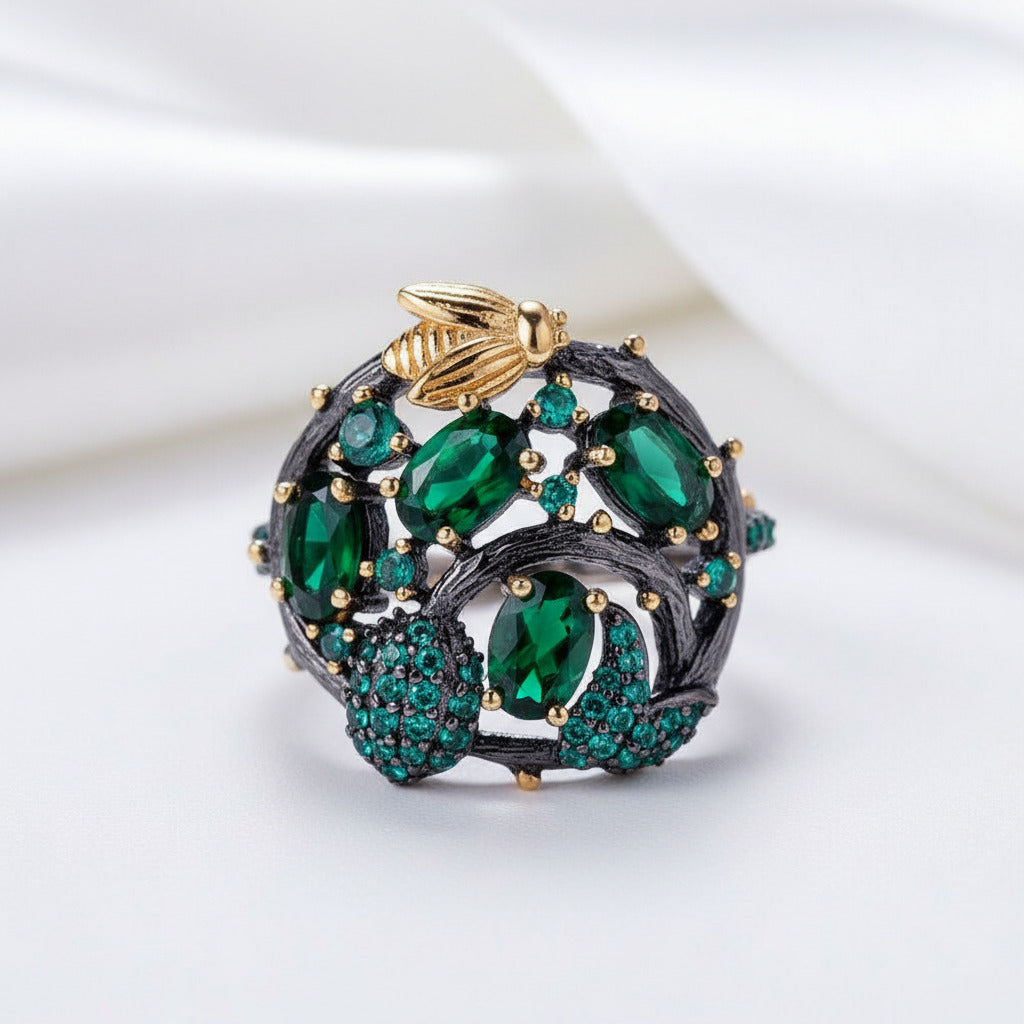 Handmade Chrome Diopside Gemstone Gold Bee on Branch Rings-Black Diamonds New York