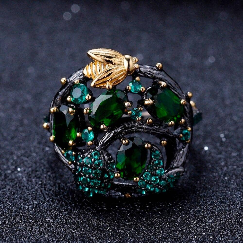 Handmade Chrome Diopside Gemstone Gold Bee on Branch Rings-Black Diamonds New York