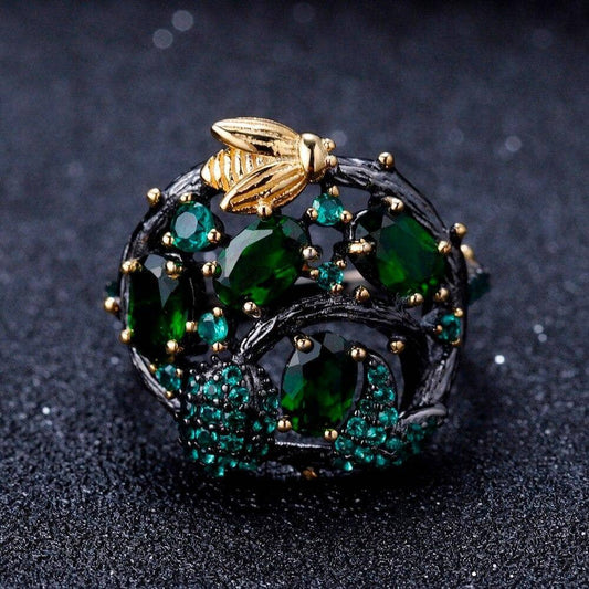 Handmade Chrome Diopside Gemstone Gold Bee on Branch Rings