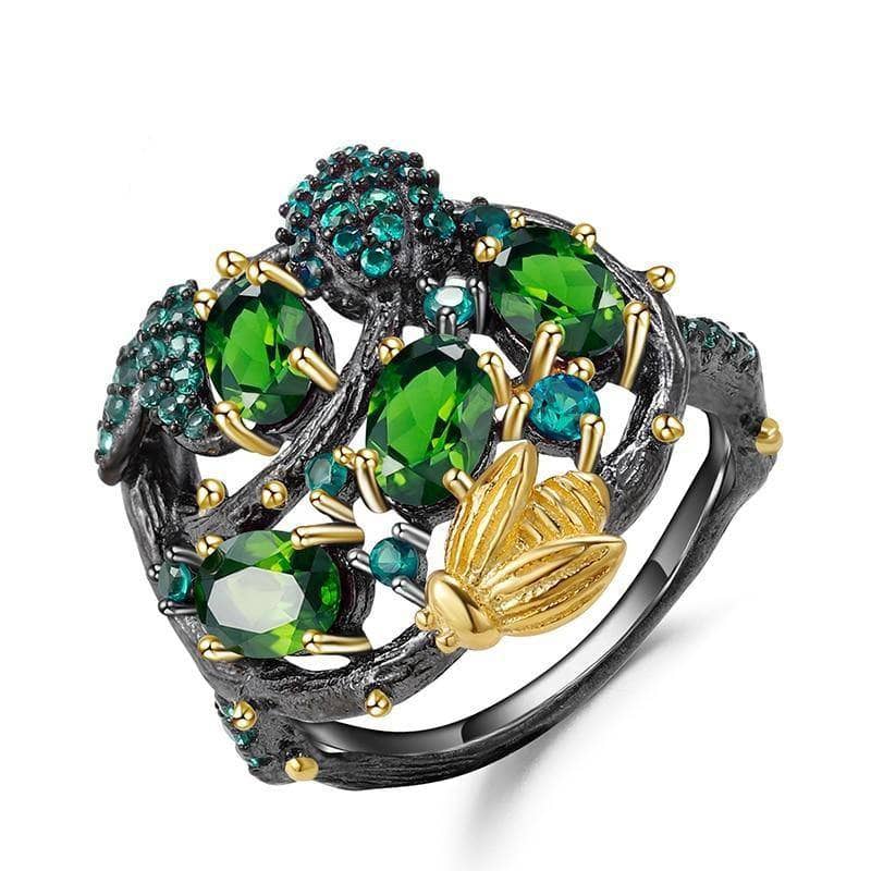 Handmade Chrome Diopside Gemstone Gold Bee on Branch Rings-Black Diamonds New York
