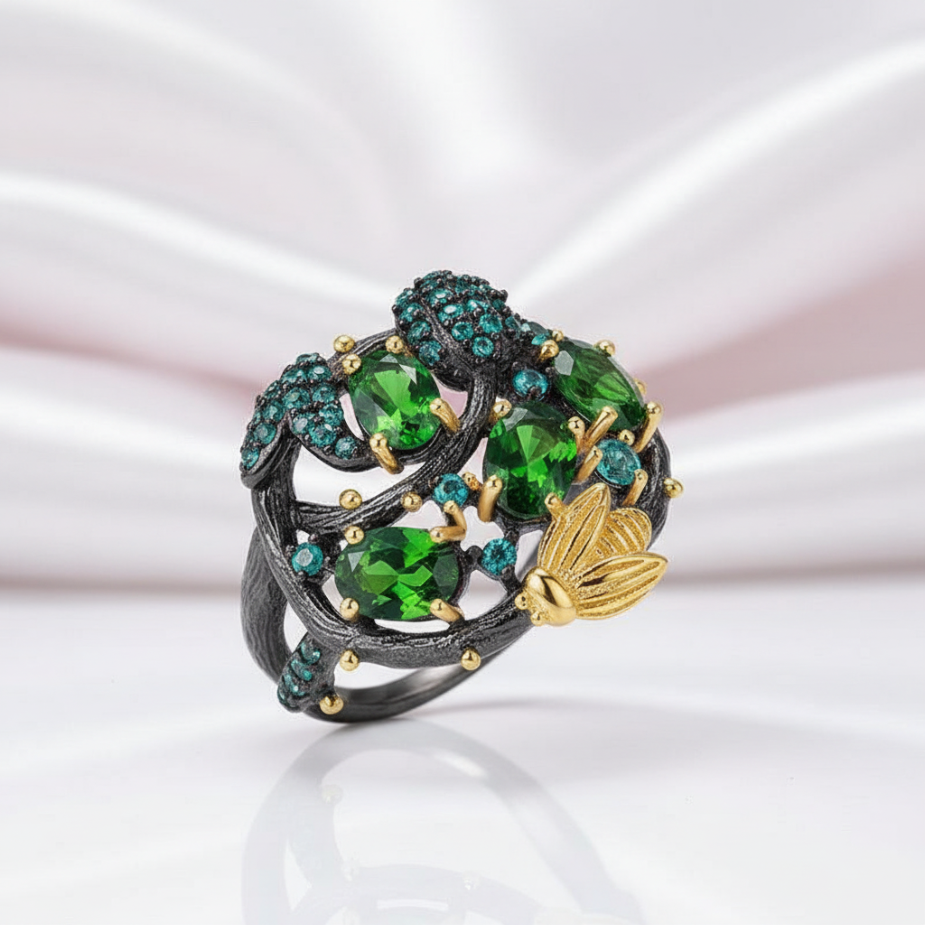 Handmade Chrome Diopside Gemstone Gold Bee on Branch Rings-Black Diamonds New York
