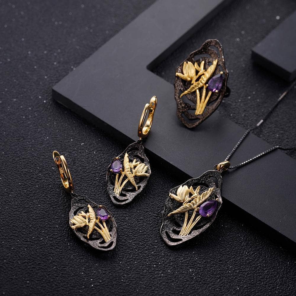 Handmade Dragonfly Lotus Flower Nature Amethyst Earrings