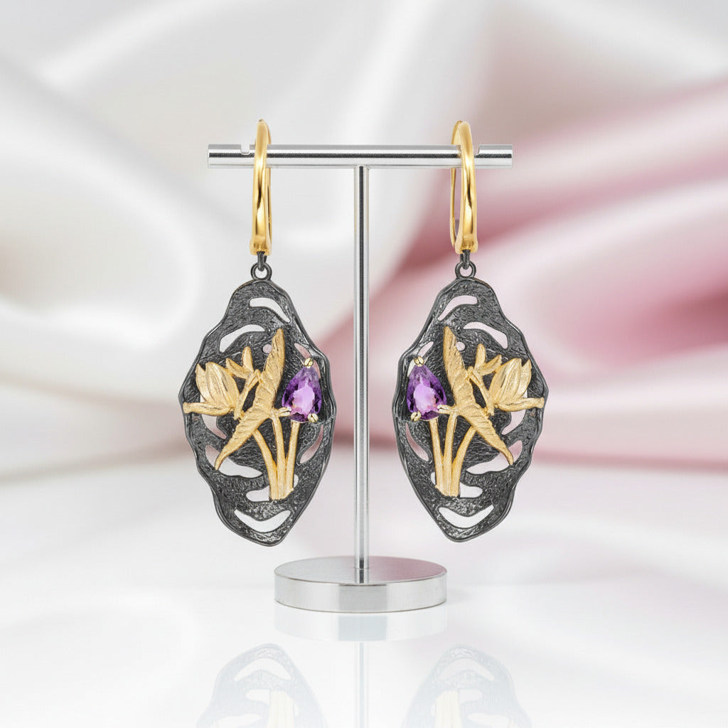 Handmade Dragonfly Lotus Flower Nature Amethyst Earrings-Black Diamonds New York