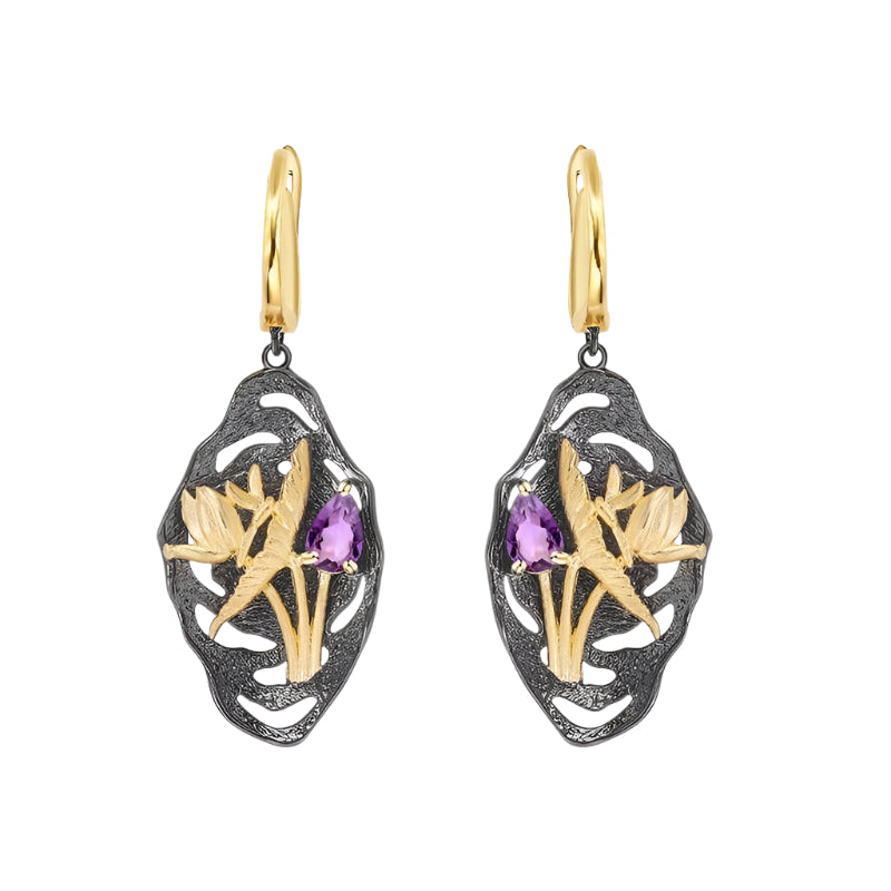 Handmade Dragonfly Lotus Flower Nature Amethyst Earrings-Black Diamonds New York