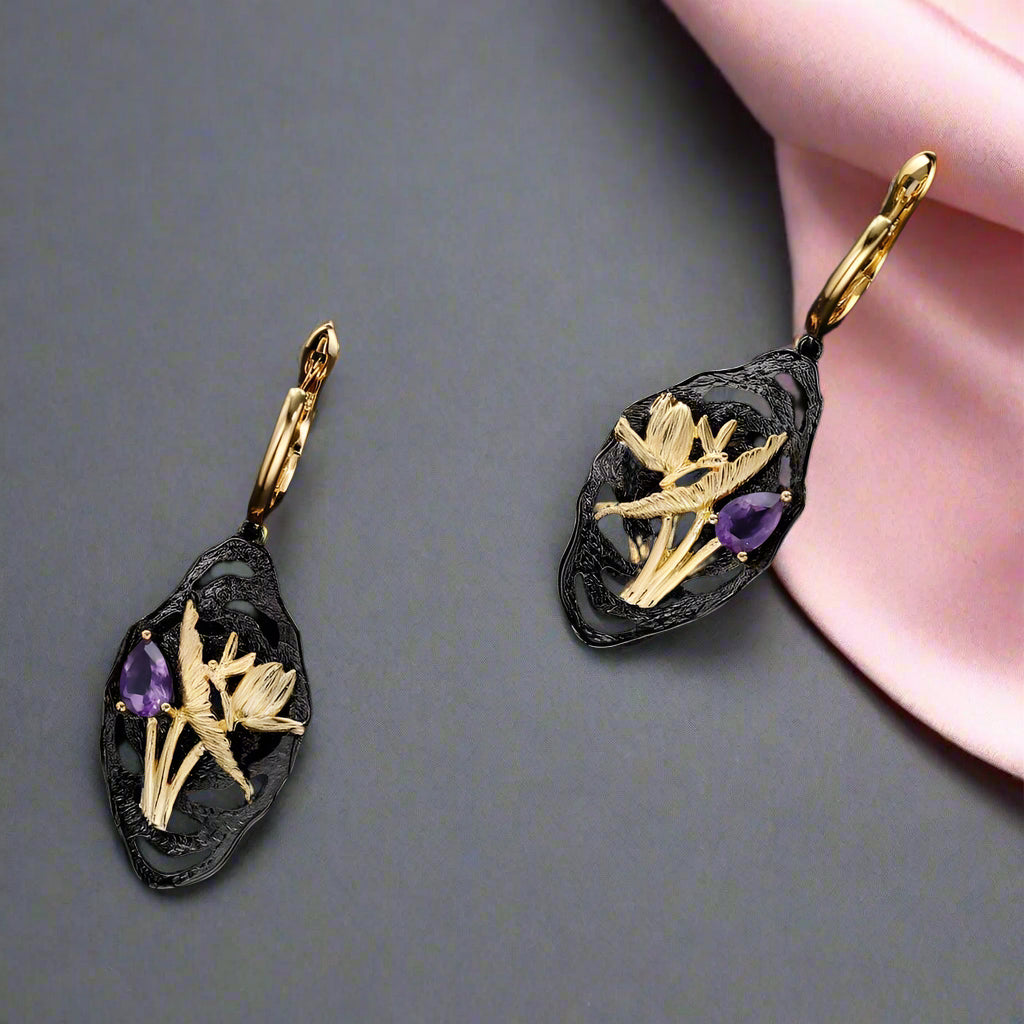 Handmade Dragonfly Lotus Flower Nature Amethyst Earrings-Black Diamonds New York