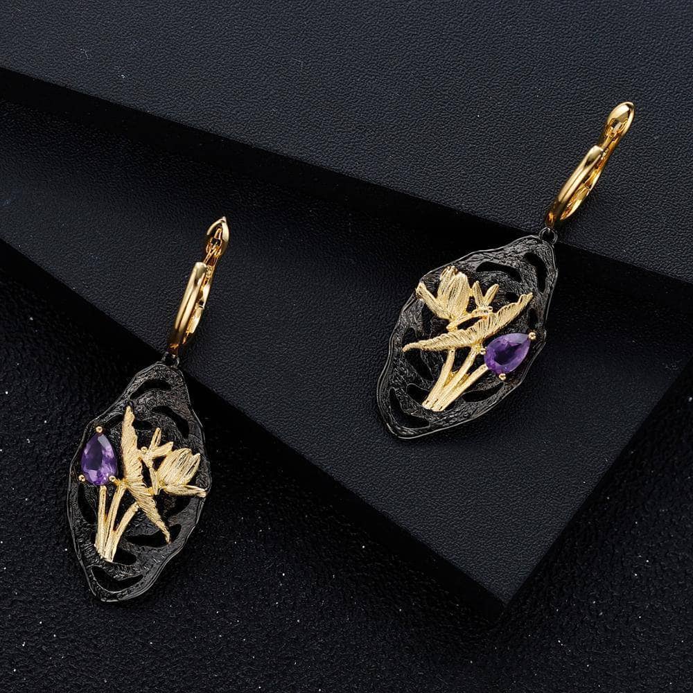 Handmade Dragonfly Lotus Flower Nature Amethyst Earrings-Black Diamonds New York