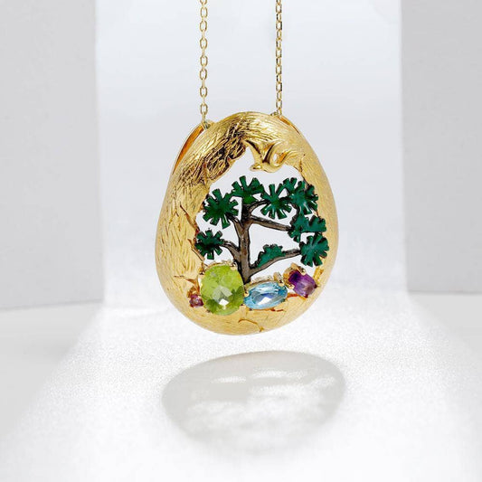 Handmade Enamel Craft Natural Mixed Gemstone Pendant Necklace