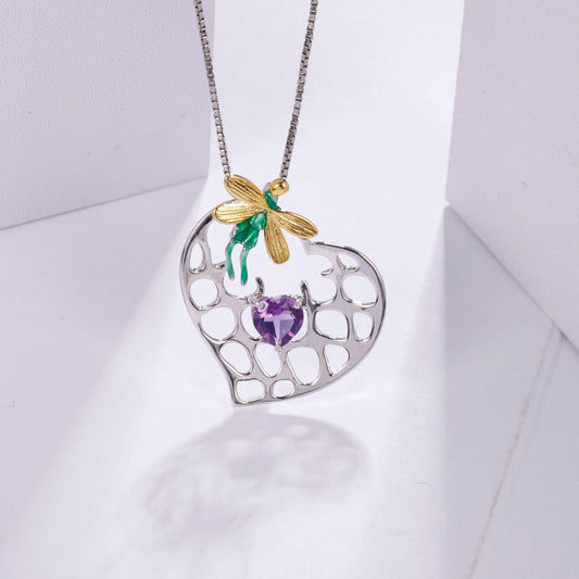 Handmade Enamel Elves Heart Pendant Necklace With Natural Amethyst - Black Diamonds New York