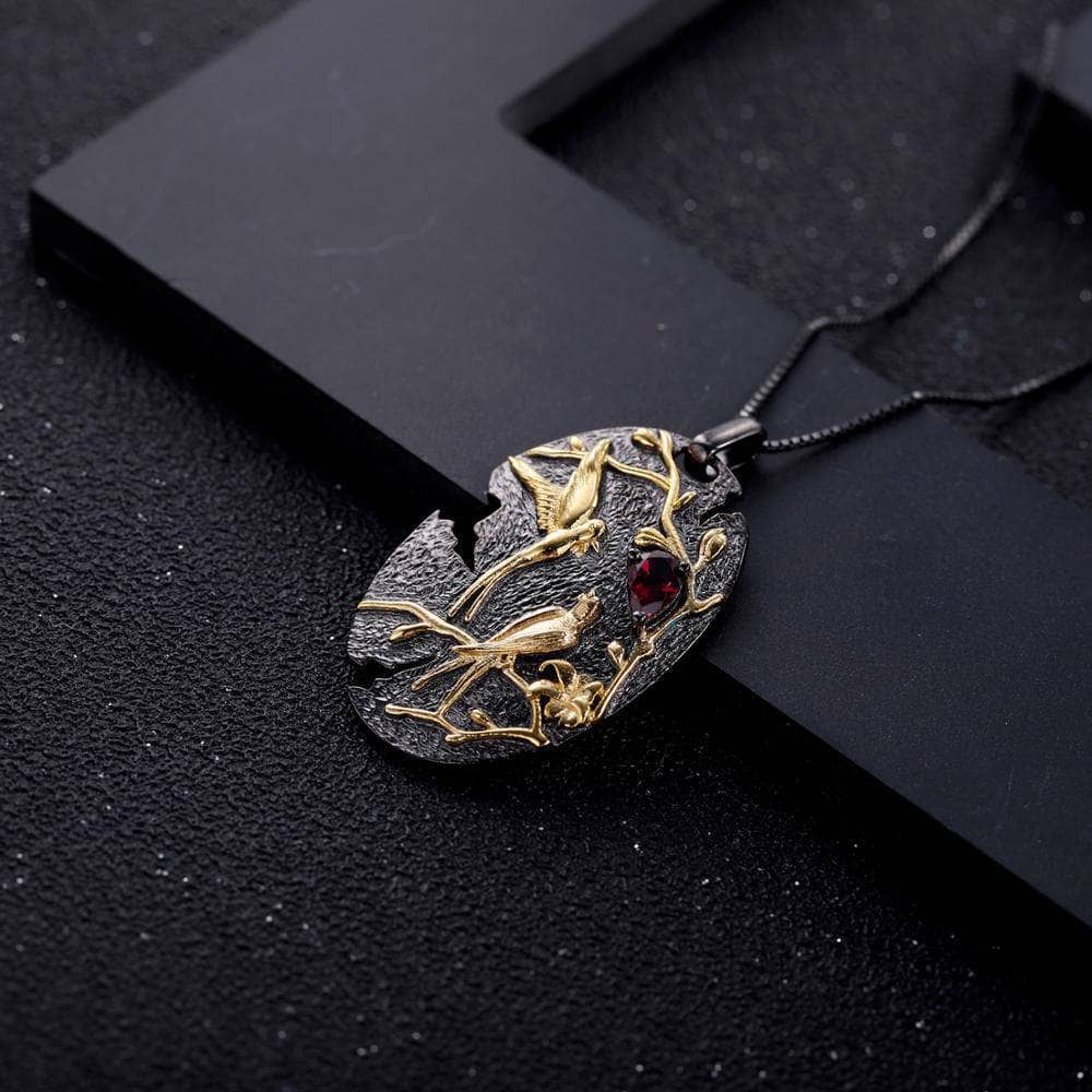 Handmade Loving Bird Nature Rhodolite Garnet Gemstone Necklace-Black Diamonds New York