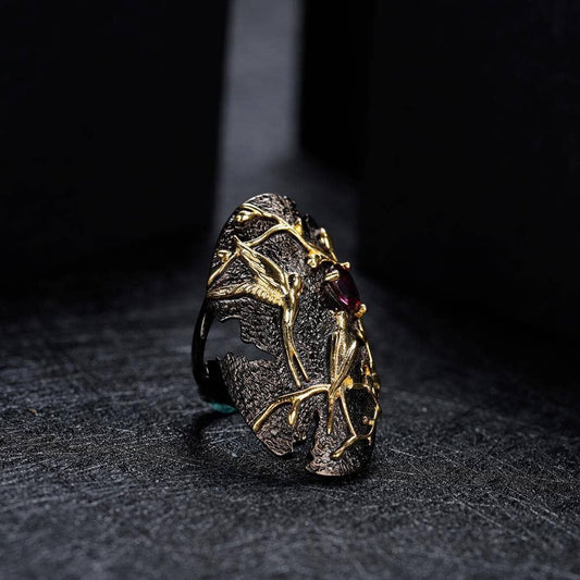 Handmade Natural Rhodolite Garnet Adjustable Cocktail Ring-Black Diamonds New York
