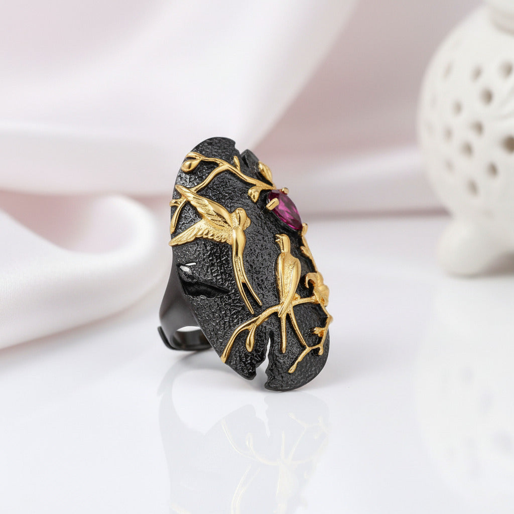 Handmade Rhodolite Garnet Adjustable Cocktail Ring-Black Diamonds New York