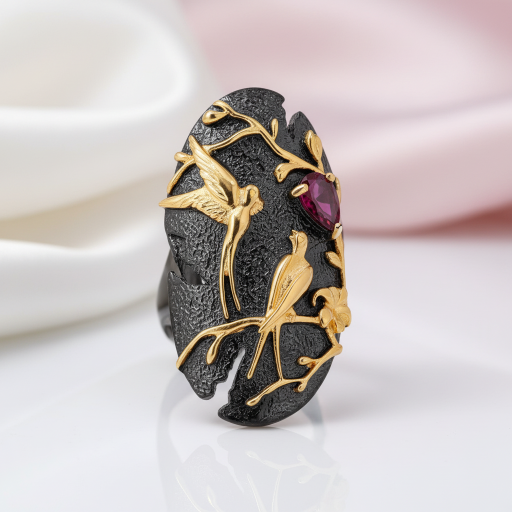 Handmade Rhodolite Garnet Adjustable Cocktail Ring-Black Diamonds New York
