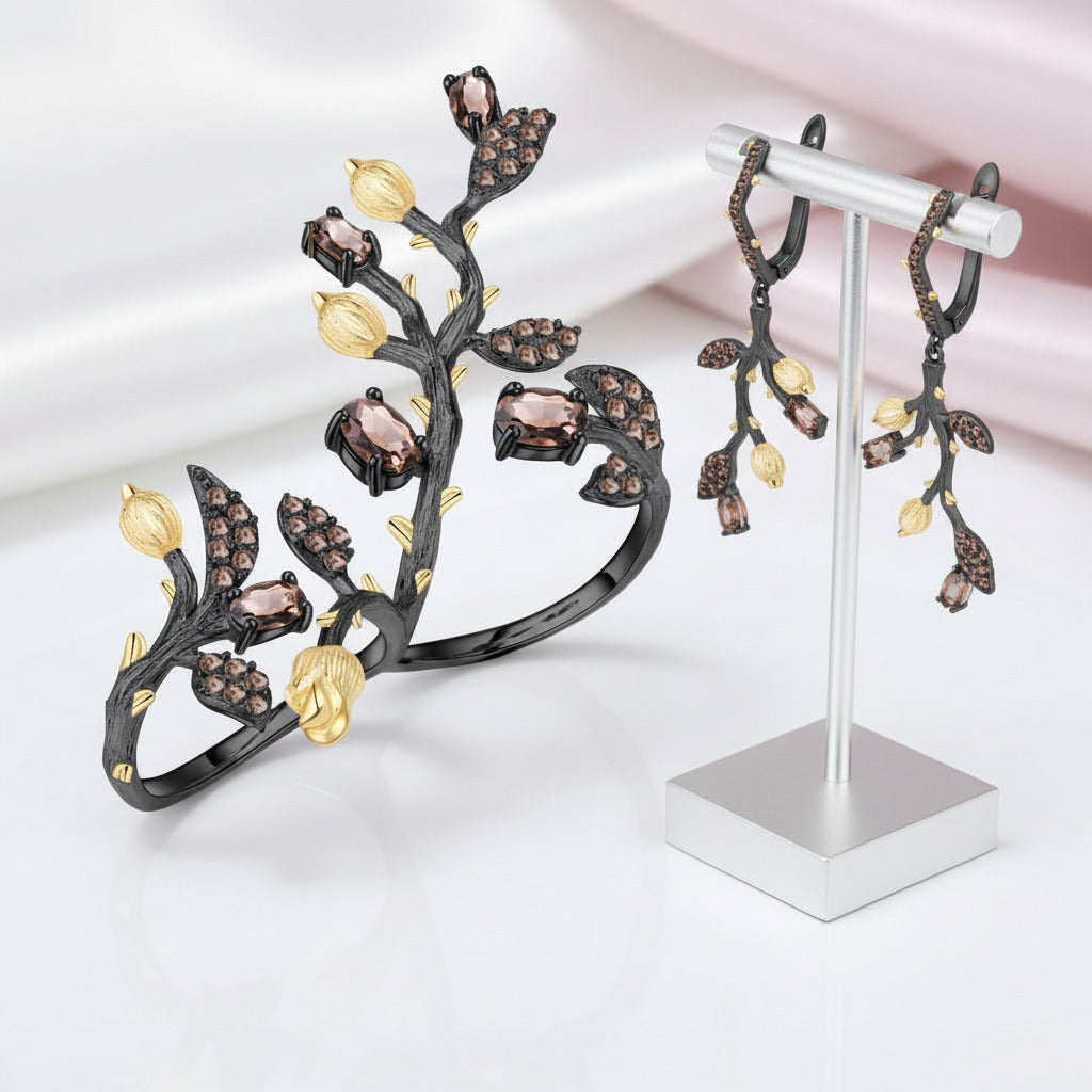Handmade Smoky Quartz Jewelry Set-Black Diamonds New York