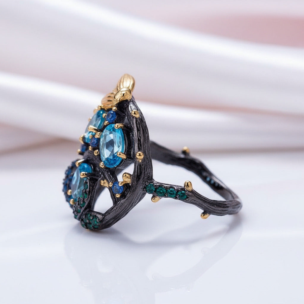 Handmade Swiss Blue Topaz Gold Bee on Branch Rings-Black Diamonds New York