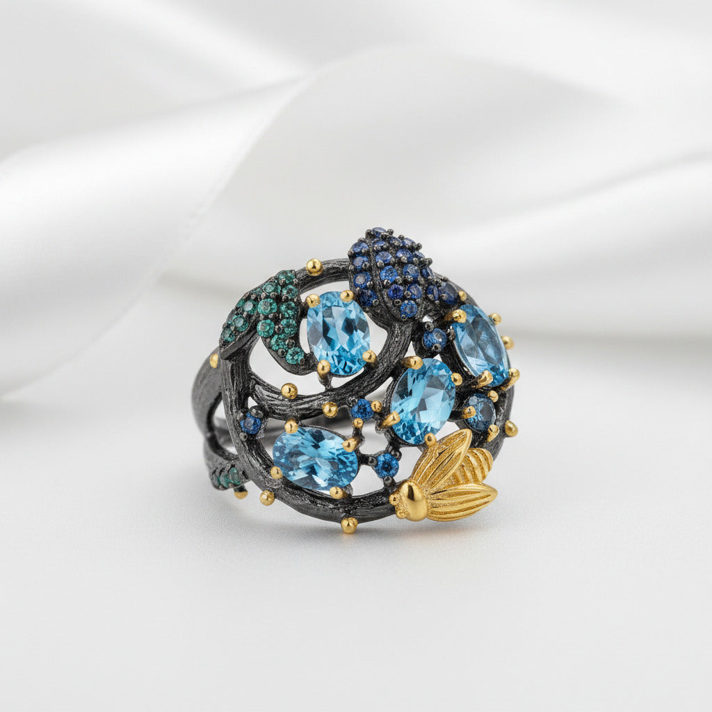 Handmade Swiss Blue Topaz Gold Bee on Branch Rings-Black Diamonds New York