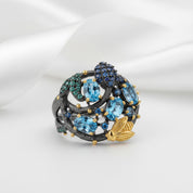 Handmade Swiss Blue Topaz Gold Bee on Branch Rings-Black Diamonds New York