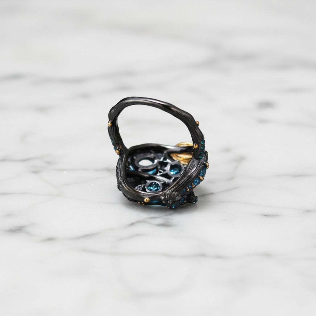 Handmade Swiss Blue Topaz Gold Bee on Branch Rings-Black Diamonds New York