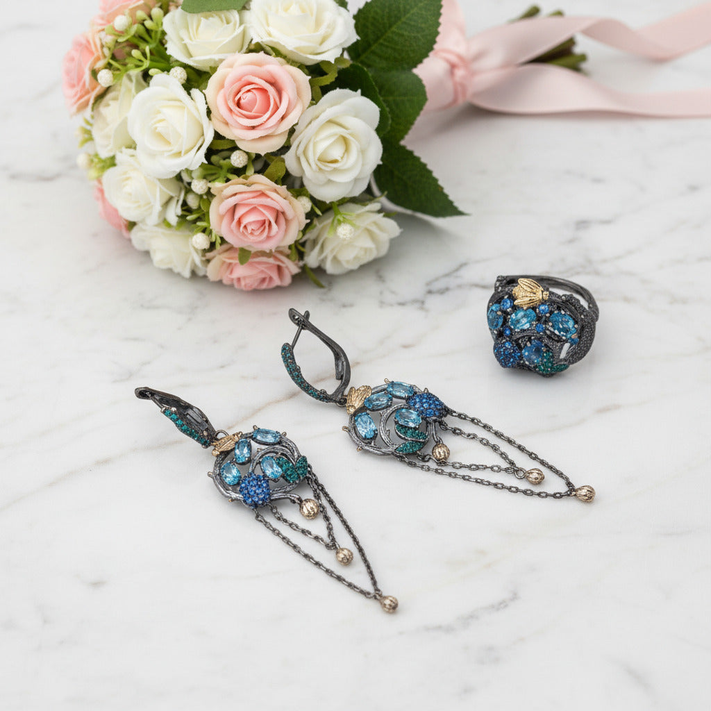 Handmade Swiss Blue Topaz Gold Bee on Branch Rings-Black Diamonds New York