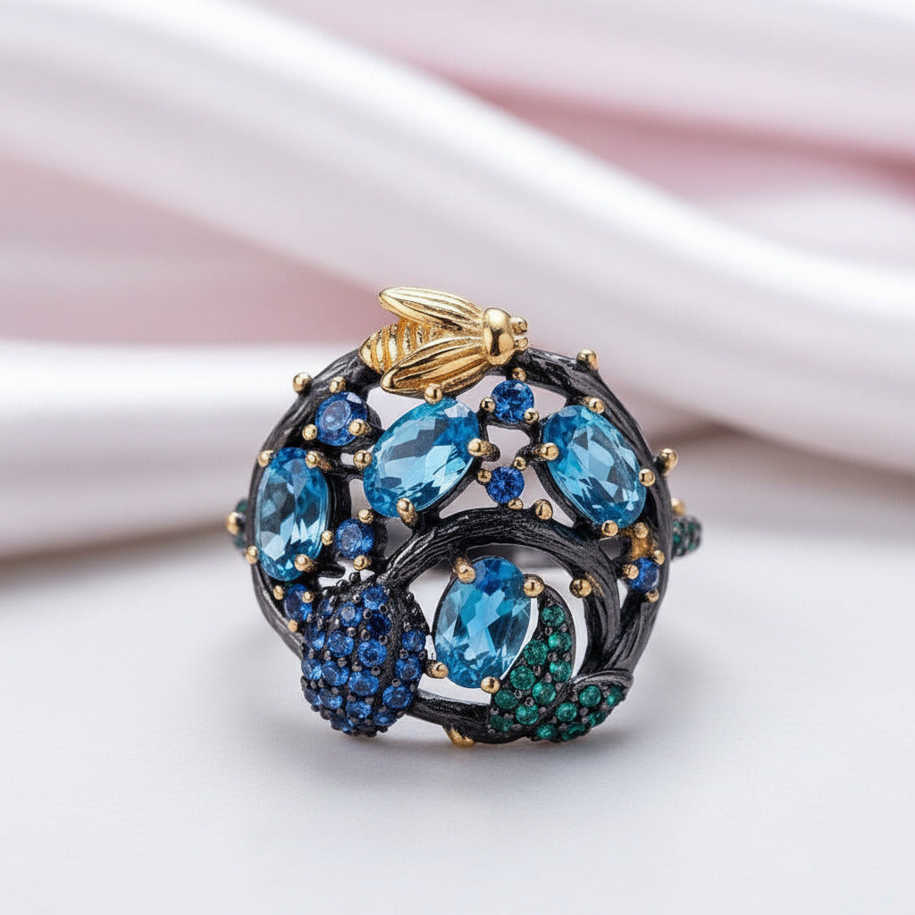 Handmade Swiss Blue Topaz Gold Bee on Branch Rings-Black Diamonds New York