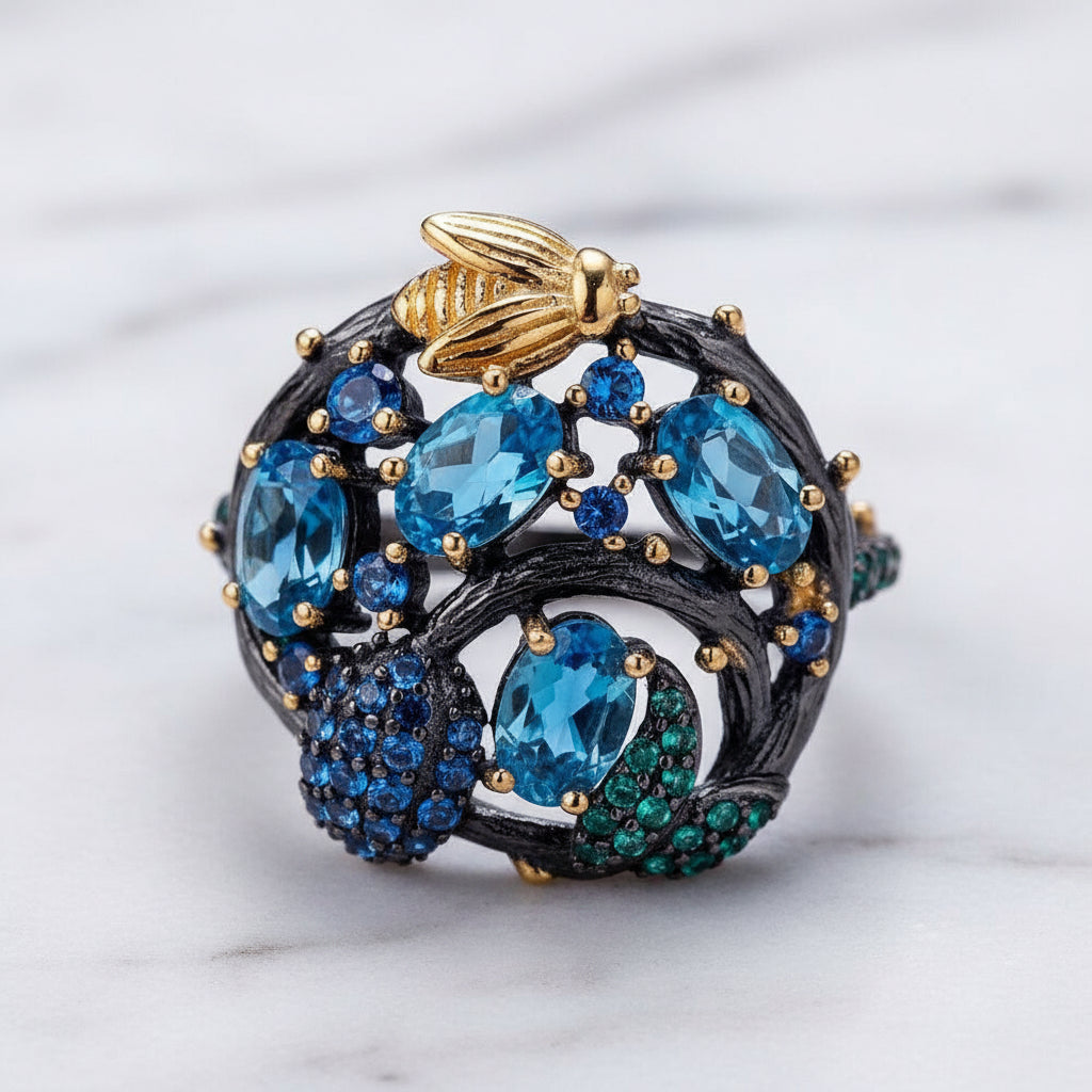 Handmade Natural Swiss Blue Topaz Gold Bee on Branch Rings-Black Diamonds New York