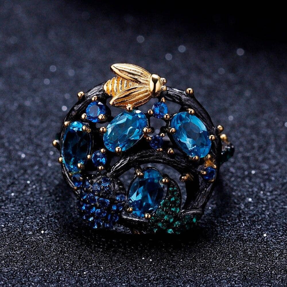Handmade Natural Swiss Blue Topaz Gold Bee on Branch Rings-Black Diamonds New York