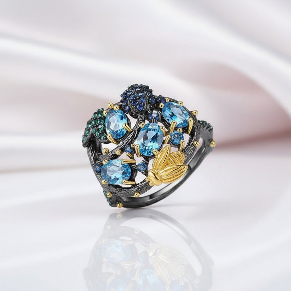 Handmade Swiss Blue Topaz Gold Bee on Branch Rings-Black Diamonds New York