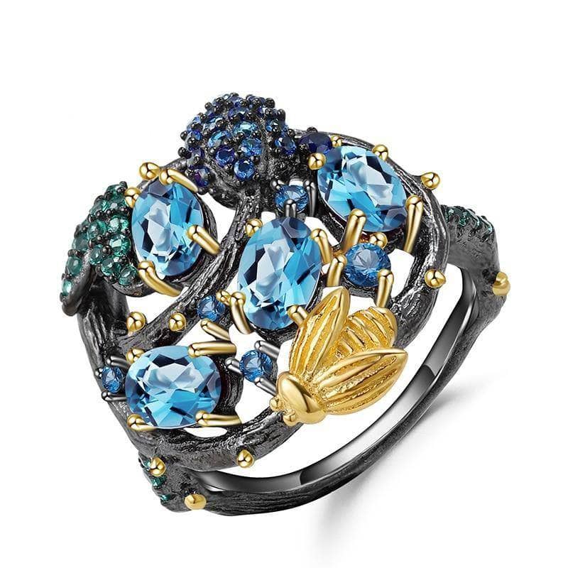 Handmade Natural Swiss Blue Topaz Gold Bee on Branch Rings-Black Diamonds New York
