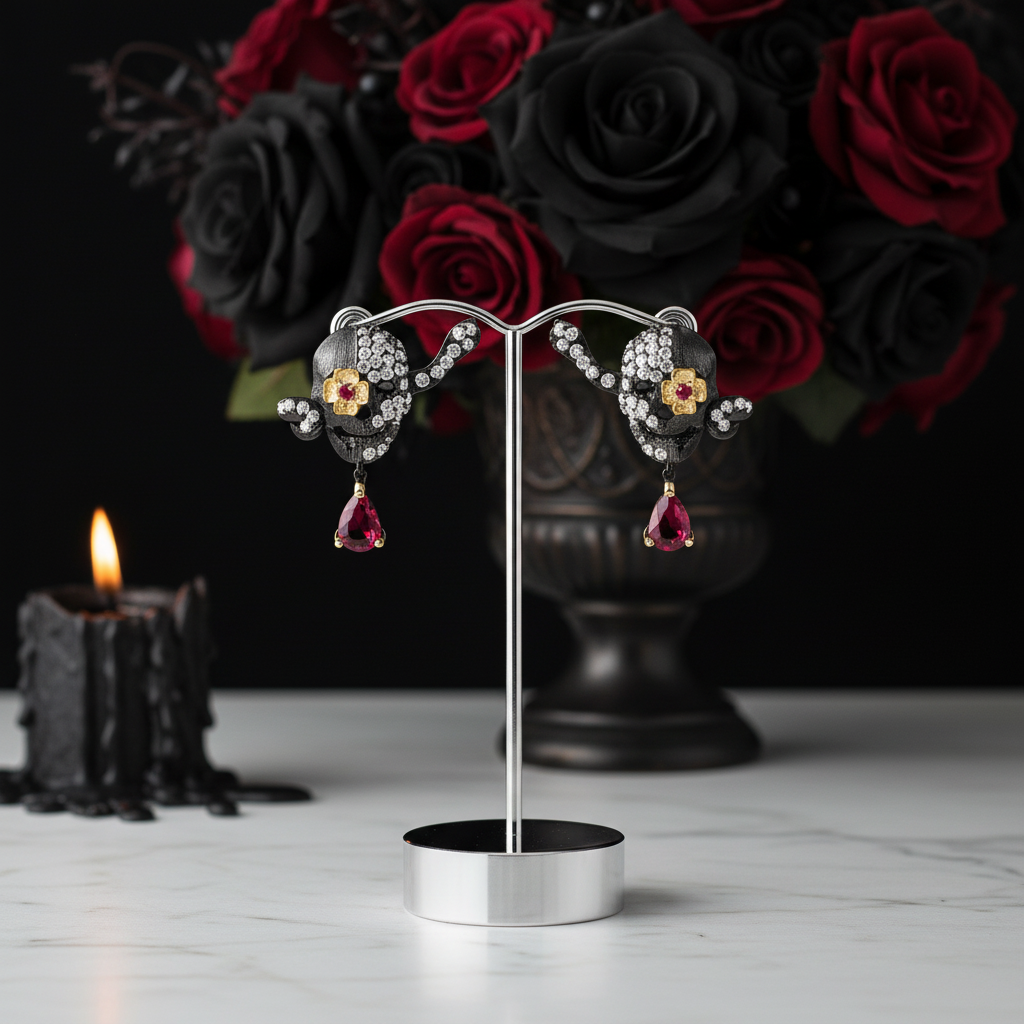 Handmade Skull Stud Earrings With Ruby Gemstone-Black Diamonds New York