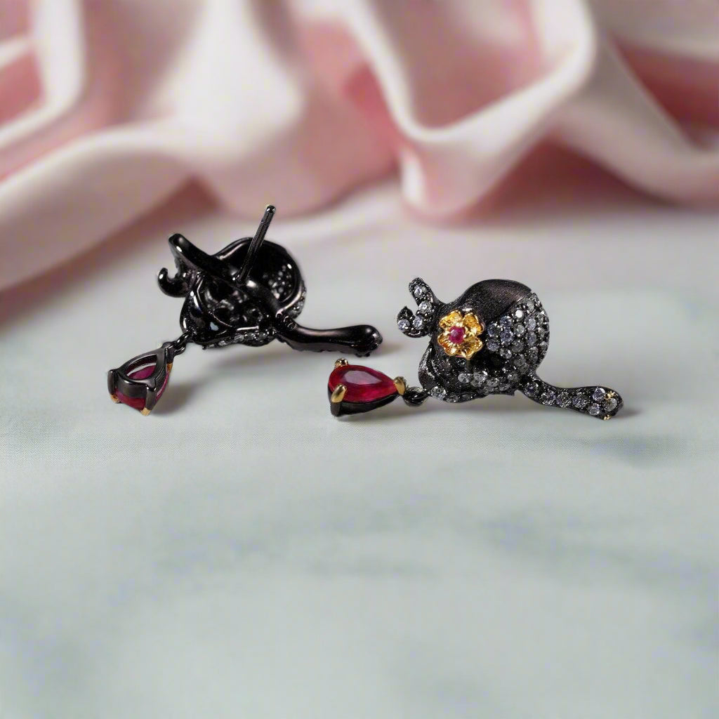 Handmade Skull Stud Earrings With Ruby Gemstone-Black Diamonds New York