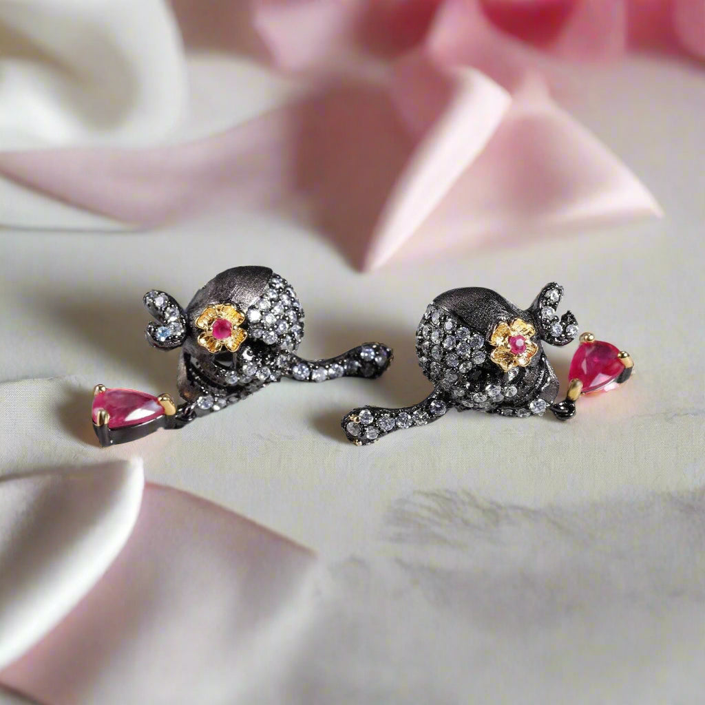 Handmade Skull Stud Earrings With Ruby Gemstone-Black Diamonds New York