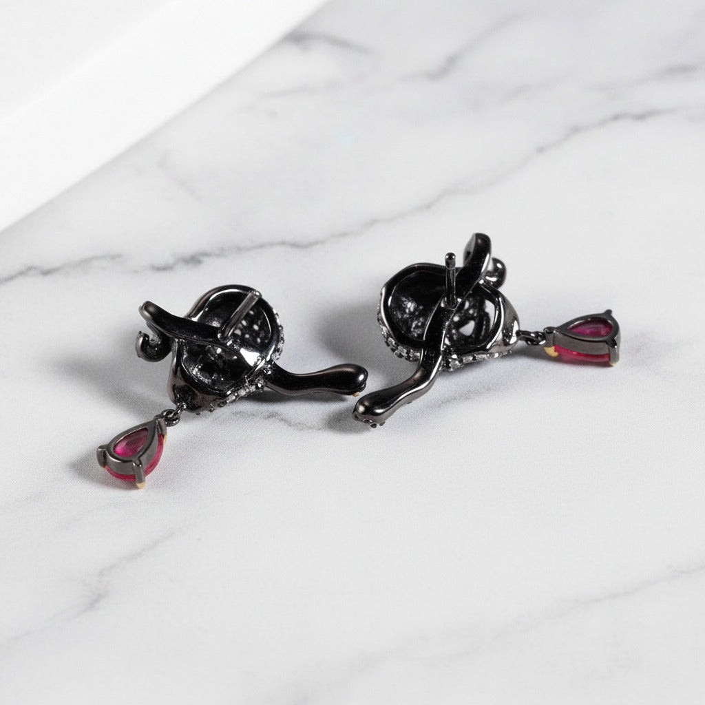 Handmade Skull Stud Earrings With Ruby Gemstone-Black Diamonds New York