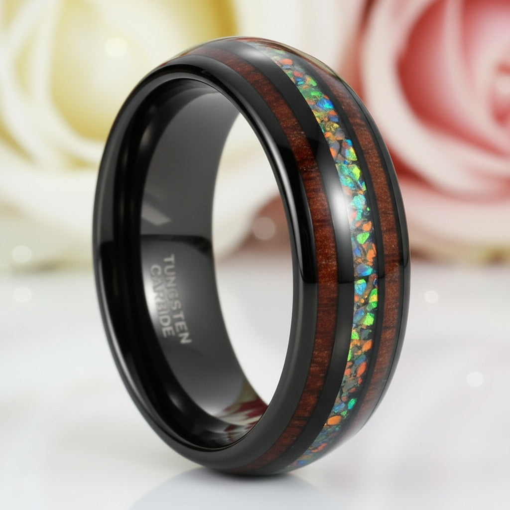 Hawaiian Wood with Opal and Abalone Tungsten Wedding Band-Black Diamonds New York