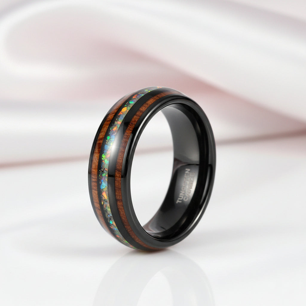 Hawaiian Wood with Opal and Abalone Tungsten Wedding Band-Black Diamonds New York