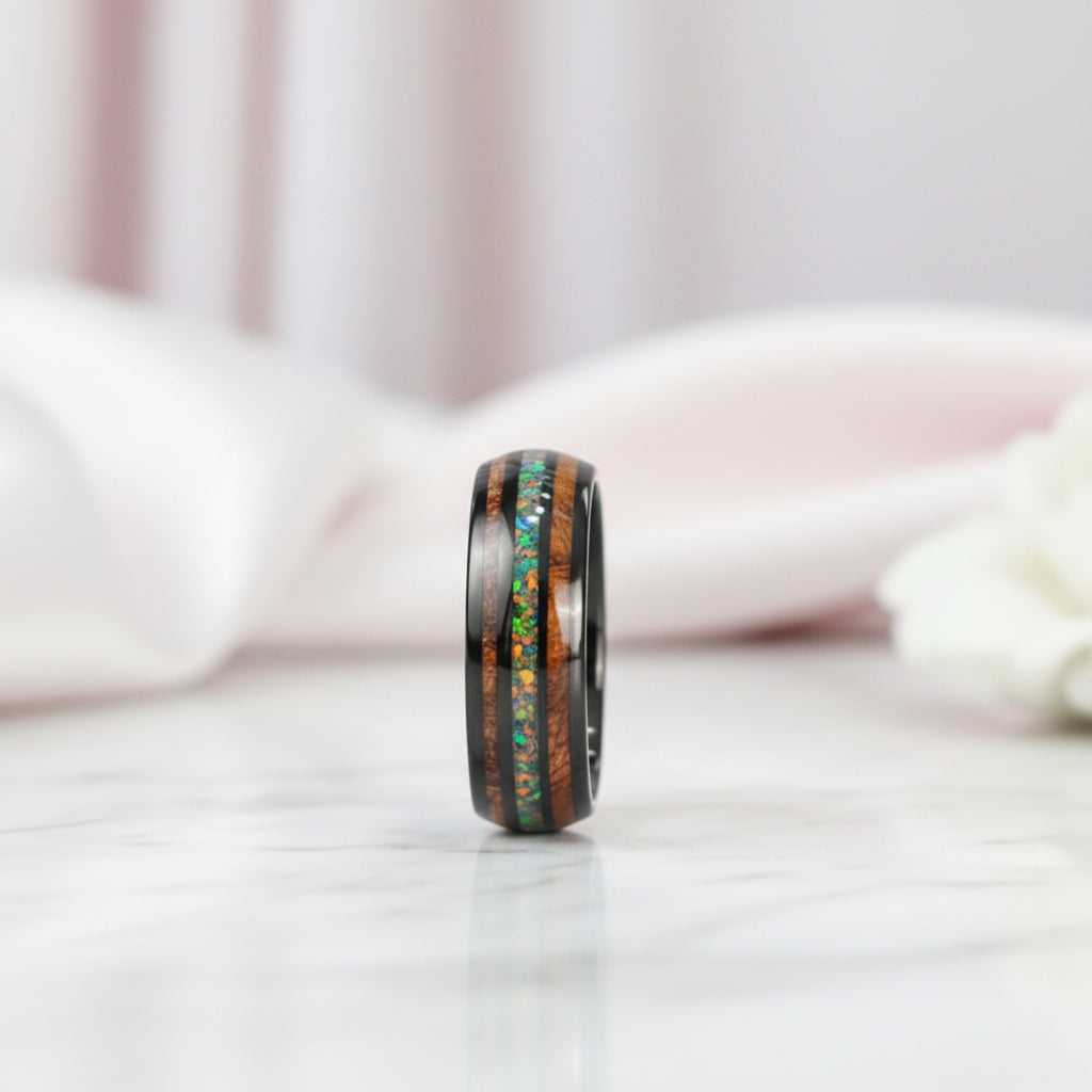 Hawaiian Wood with Opal and Abalone Tungsten Wedding Band-Black Diamonds New York