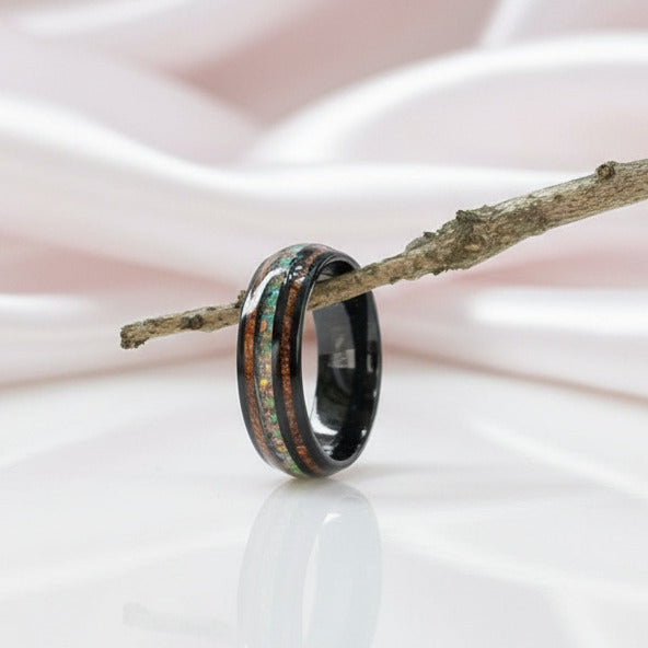 Hawaiian Wood with Opal and Abalone Tungsten Wedding Band-Black Diamonds New York