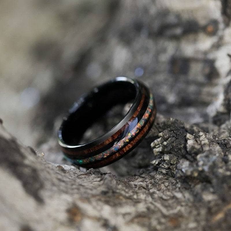 Hawaiian Wood with Opal and Abalone Tungsten Wedding Band-Black Diamonds New York