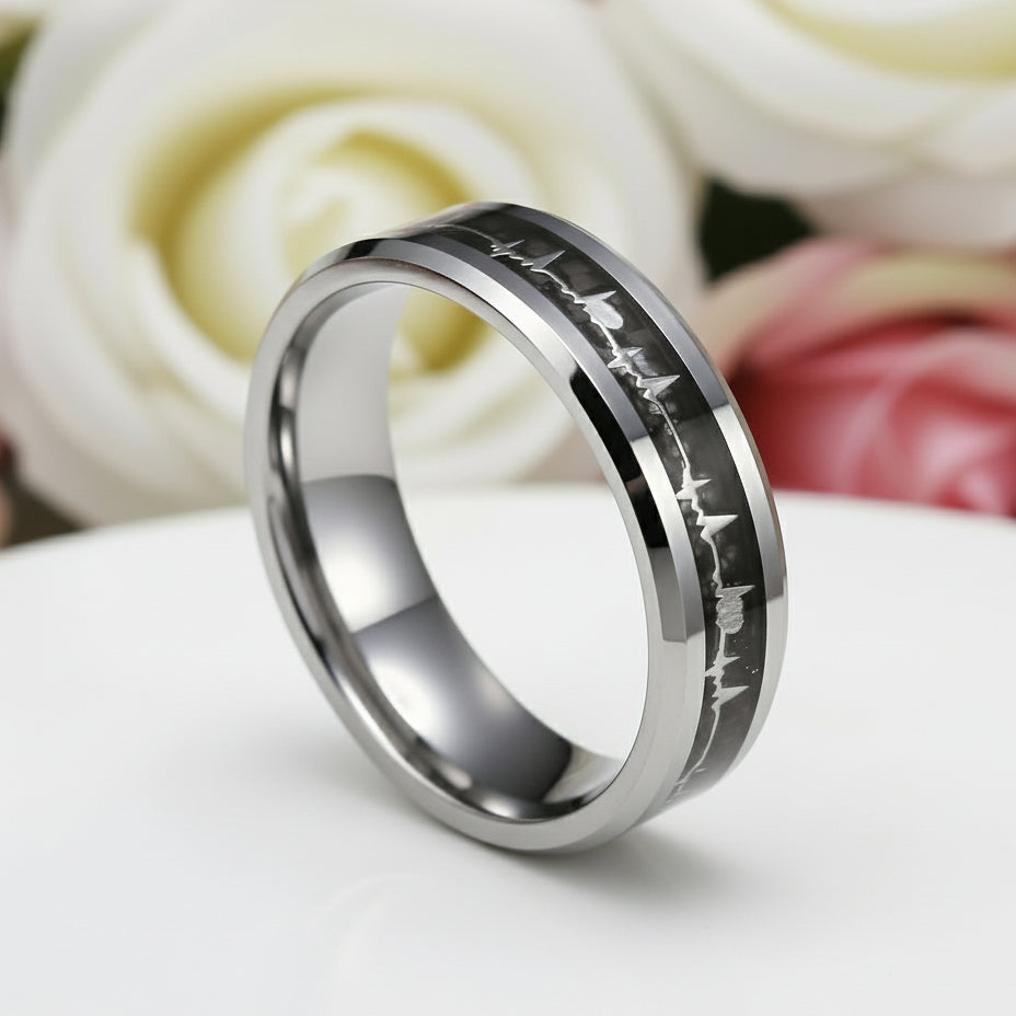 Heart Beat Inlay Men's Tungsten Carbide Wedding Band-Black Diamonds New York