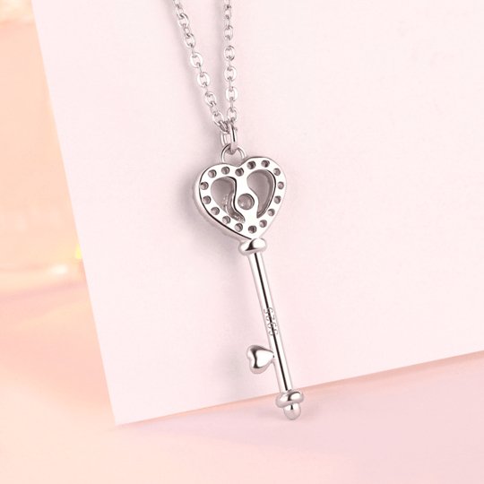 Heart Key White Sapphire Pendant Charm Necklace - Black Diamonds New York