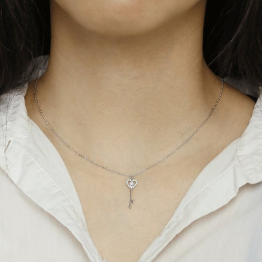 Heart Key White Sapphire Pendant Charm Necklace-Black Diamonds New York