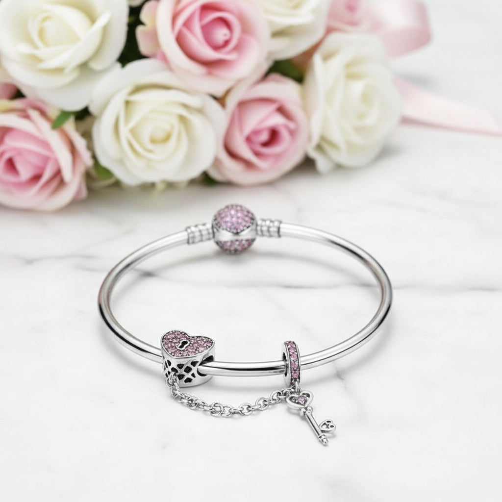 Heart Lock and Key Link Charm Bangle-Black Diamonds New York