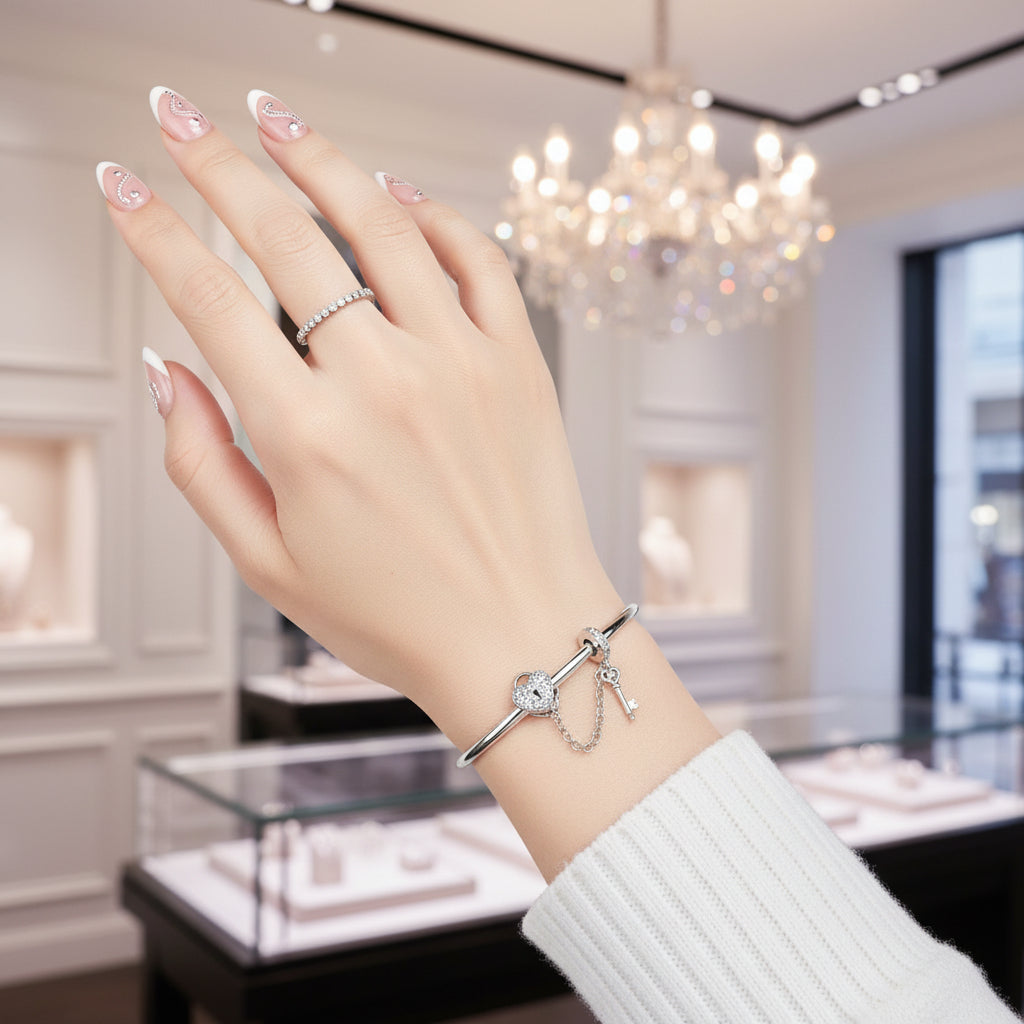 Heart Lock and Key Link Charm Bangle-Black Diamonds New York
