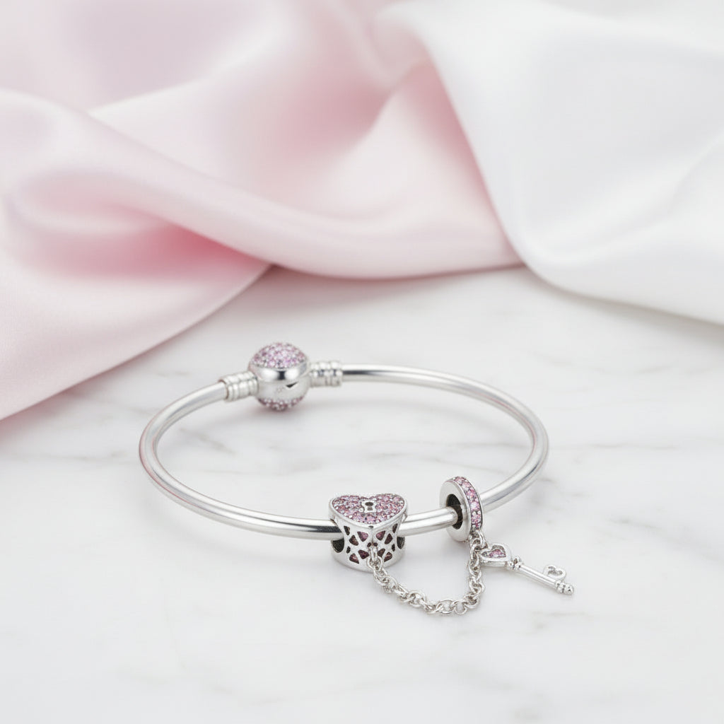 Heart Lock and Key Link Charm Bangle-Black Diamonds New York