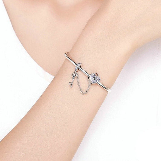 Heart Lock and Key Link Charms Bangle Bracelets-Black Diamonds New York