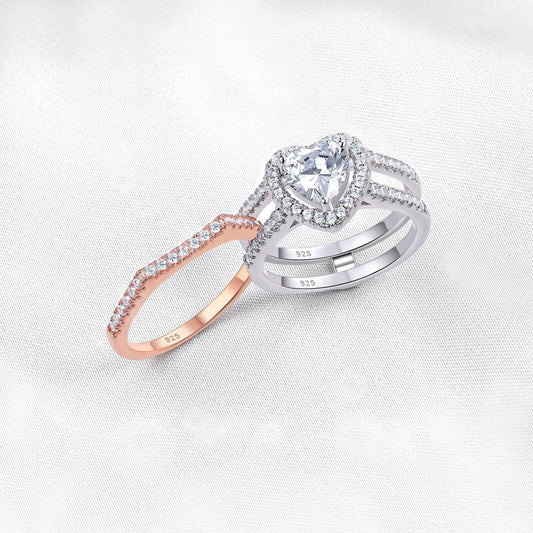 Newshe Romantic Heart Shape Bridal Set Solid 925 Sterling Silver Rose Gold Wedding Rings For Women AAAAA Cz Jewelry - Black Diamonds New York
