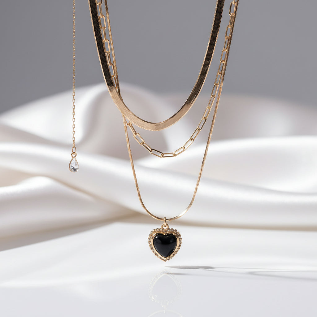 Heart Shaped Black Pendant Three Layer Choker Necklace-Black Diamonds New York
