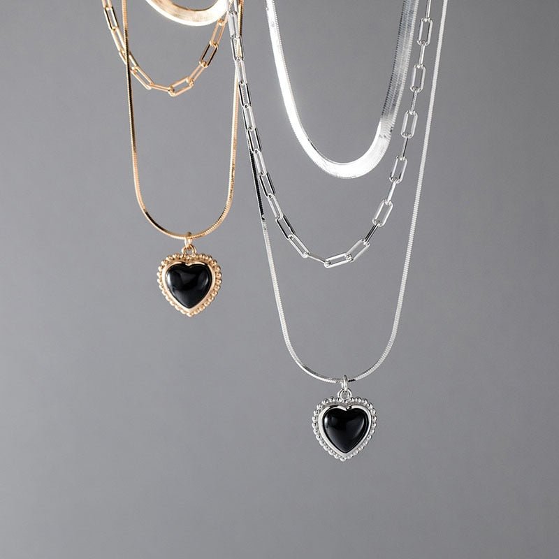 Heart Shaped Black Pendant Three Layer Choker Necklace-Black Diamonds New York