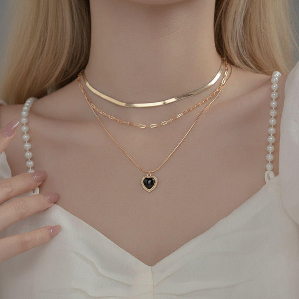 Heart Shaped Black Pendant Three Layer Choker Necklace-Black Diamonds New York