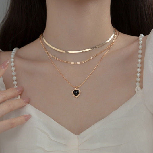 Heart Shaped Black Pendant Three Layer Choker Necklace